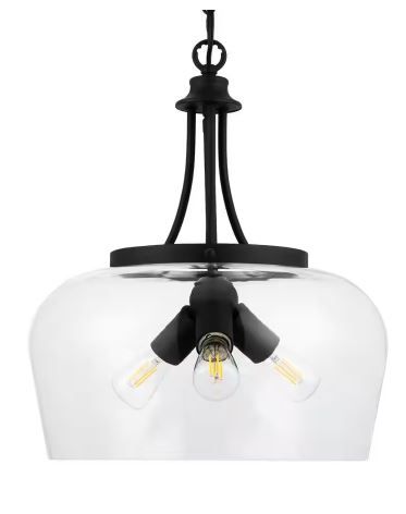 Photo 1 of 3-Light Matte Black Dome Pendant Light with Glass Shade
