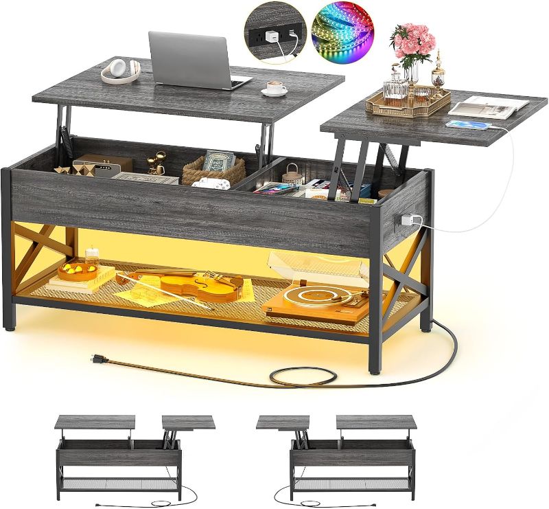 Photo 1 of Aheaplus Lift Top Coffee Center Table with LED Light and Power Outlet, Modern Table with Storage Shelf for Living Room, Lift Tabletop, X Support, Metal Frame, Black Oak
