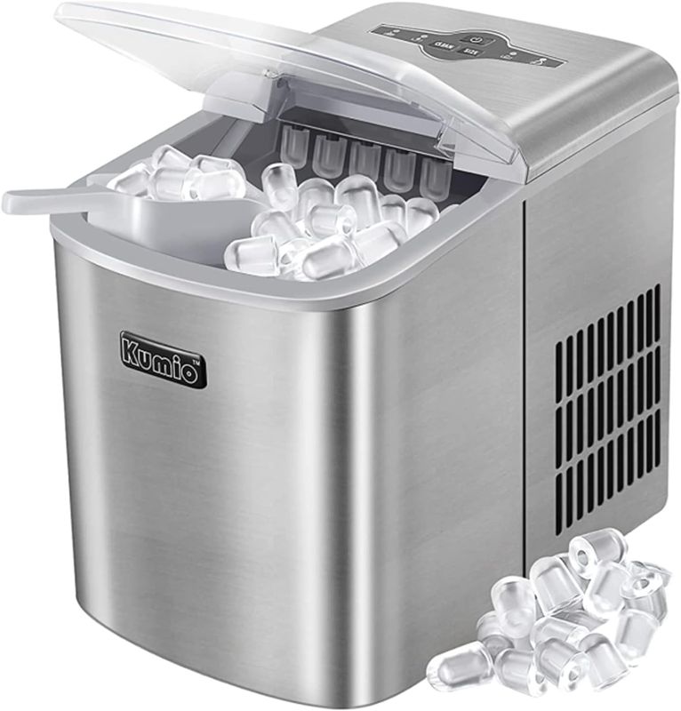 Photo 1 of KUMIO Stainless Steel Ice Makers Countertop, 33 Lbs in 24 Hrs, 10 Bullet Ice Ready in 6-8 Mins, Automatic Self-Cleaning, 2 Sizes of Bullet Ice for Home Kitchen Office Bar Party
