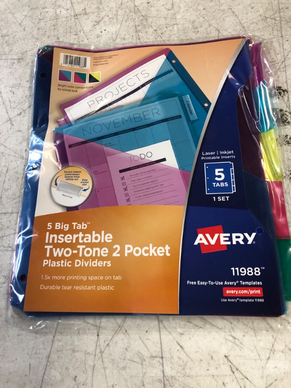 Photo 1 of Avery Big Tab Insertable 2 Pocket Dividers for 3 Ring Binders, 5-Tab Set, Bright Two-Tone Multicolor, 1 Set (11988) & Heavy-Duty View 3 Ring Binder, 1" One Touch EZD Rings, 1 White Binder (79199) Dividers + Binder Contemporary