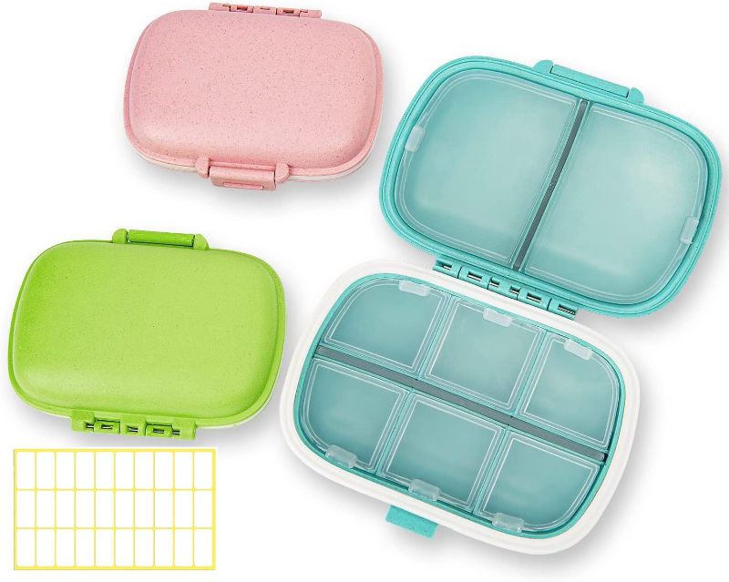 Photo 1 of 3 Pack 8 Compartments Travel Pill Box,Pill Organizer 7 Days Moisture Proof Small Pill Case for Pocket Purse Daily Portable Medicine Vitamin Holder Container(Pink+Blue+Green)