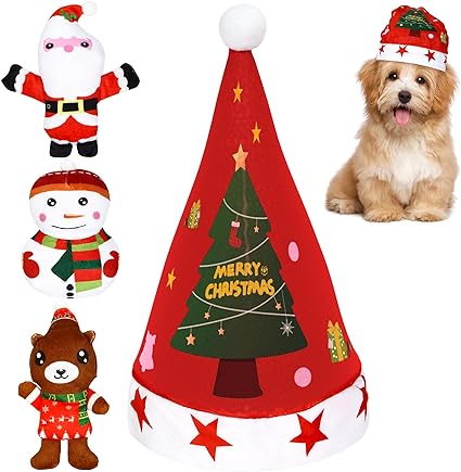 Photo 1 of IOKHEIRA 4pack Christmas Squeaky Dog Toy Set-Santa Hat & 3 Dog Stuffed Toys for Small to Medium Dogs Funny Interactive Dog Toys for Puppy Small Medium Pets Dogs
