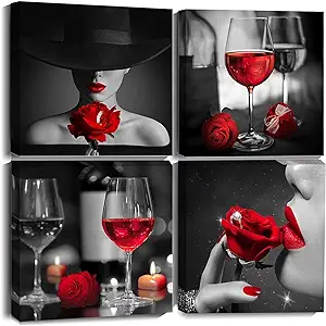 Photo 1 of Adbykgto Red Rose Wine Glasses Wall Art Canvas Decor 12x12 4 Pieces Framed for Bedroom Decor Modern Red and Black Rose Women with Hat Painting Kitchen Pictures Home Decor
