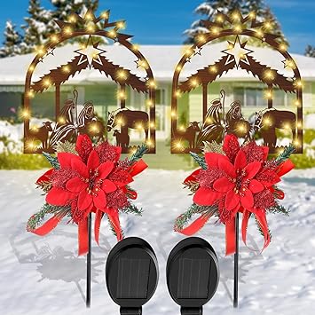 Photo 1 of 2 Pcs Solar Christmas Yard Decorations,Outdoor LED Solar Powered Christmas Pathway Lights,Nativity Scene Metal Stake Lights for Outdoor Garden Lawn Pathway Christmas Decorations(Red)
