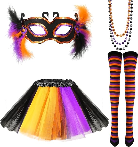 Photo 1 of 6 Pcs 80s Halloween Costume Accessories Set, Tutu Skirt, Faux Feather Half Mask, Necklace and Long Socks SMALL