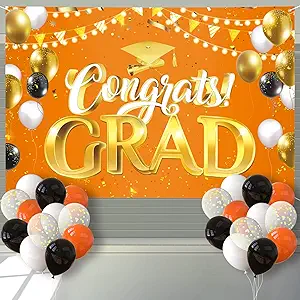 Photo 1 of Arosche Extra Large Graduation Banner Decorations 72" x 48" Backdrop with 24Pcs Balloons Congrats Grad 2023 Photography Background for Indoor Outdoor College,Garden,Yard,Party Supplies (Orange)
