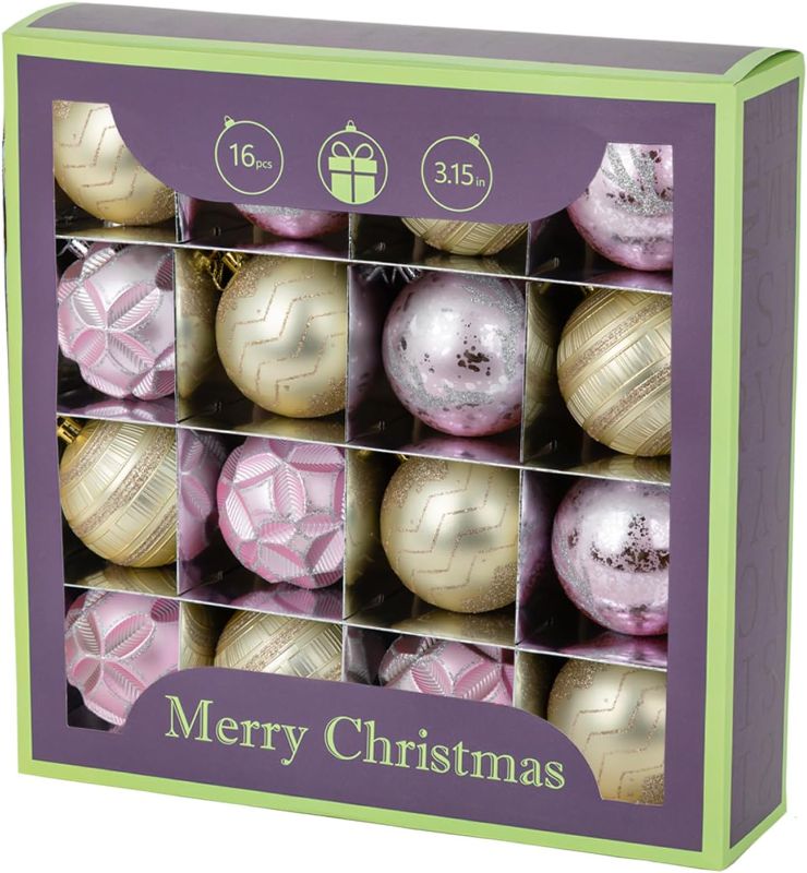 Photo 1 of 80mm/3.15" Pink and Gold Christmas Ball Ornaments for Tree, 16Pcs Gift Packaged Big Shatterproof Christmas Ball Baubles Decorations for Christmas Trees/Wedding/Party/Home Decor (Pink & Gold)
