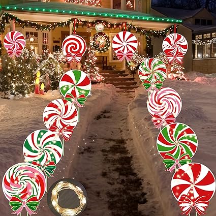 Photo 1 of 12 PCS Christmas Outdoor Yard Signs Candy Decorations Outdoor Peppermint LED Lights Xmas Yard Stakes Hanging Ornaments Holiday Garden Sign Cardboard Signs for Party Porch Lawn Walkway Decor

