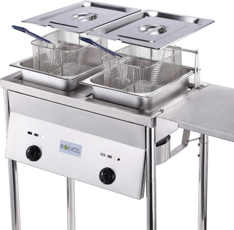 Photo 1 of Bioexcel SS21 Two-Tank Propane Deep Fryer with Thermometer Commercial Deep Fryer, Outdoor Deep Fryer with 2 Stainless Steel Baskets & Lids Fish Fryer with Adjustable Temperature Regulator
