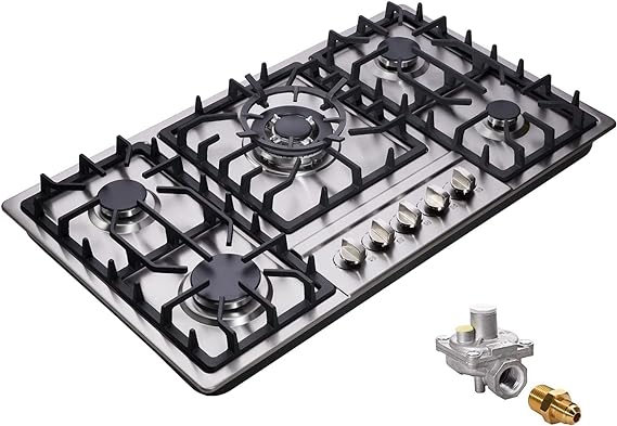 Photo 1 of 34 Inch Gas Cooktop Stainless Steel Built-in 5 Burners Gas Stovetop LPG/NG Convertible Gas Stove Top Dual Fuel Gas Hob DM5808
