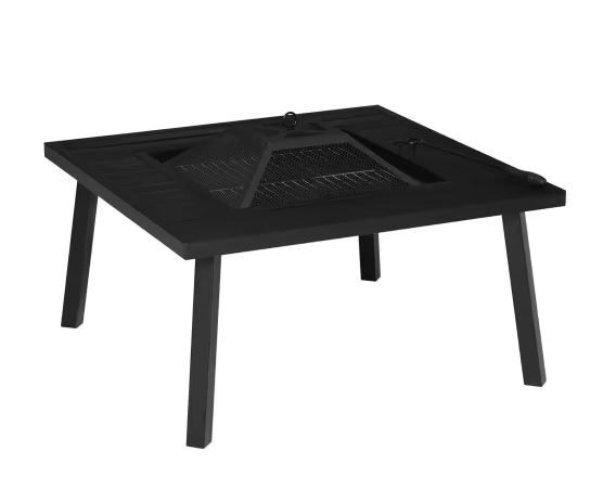 Photo 1 of 32 in. x 20.5 in. Black Portable Firepit Table with Spark Screen, Poker and Rain Cover
