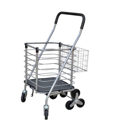 Photo 1 of 3-Wheel Steel Easy Climb Shopping Cart Design with Accessory Basket in Silver
