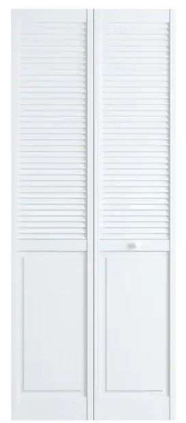 Photo 1 of 36 in. x 80 in. Louver/Panel Solid Core White Wood Interior Closet Bi-fold Door
