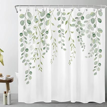 Photo 1 of ECOTOB Green Leaves Shower Curtain for Bathroom, Spring Watercolor Plant Floral Round Eucalyptus Green Leaf Fabric Bathroom Decor Set with Shower Curtain Hooks, 72x72 Inch
