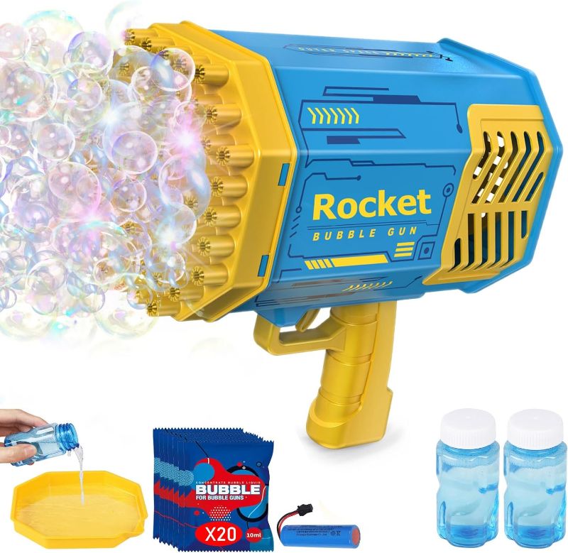 Photo 1 of Bazooka Bubble Gun 69-Hole Bubble Machine with Lights Children's Toys Automatic Bubble Blowing Machine Suitable for Aged 4-8 Years Old Outdoor Party Manufacturing Machine Easter Birthday (Blue)
