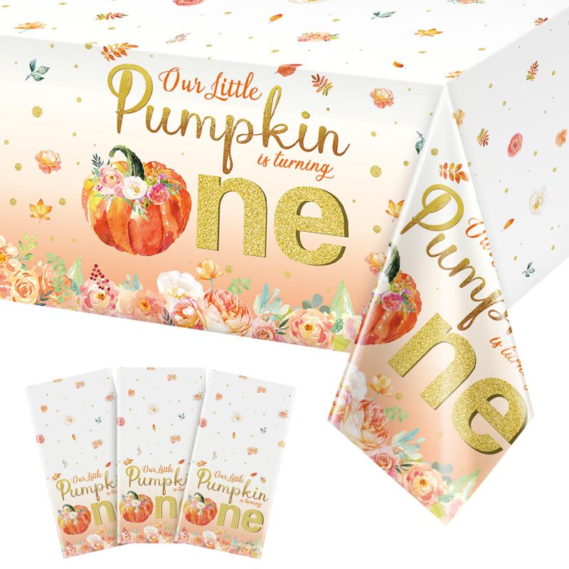 Photo 1 of (PACK OF 2) 3Pcs Fall Floral Little Pumpkin Baby Shower Tablecloths,Plastic Our Little Pumpkin is Turning One Table Cover for Autumn Thanksgiving Glitter Flower Baby Shower Decoration and Supplies,54X148 inches 3Pack
