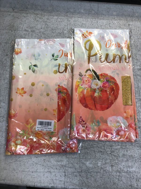 Photo 2 of (PACK OF 2) 3Pcs Fall Floral Little Pumpkin Baby Shower Tablecloths,Plastic Our Little Pumpkin is Turning One Table Cover for Autumn Thanksgiving Glitter Flower Baby Shower Decoration and Supplies,54X148 inches 3Pack
