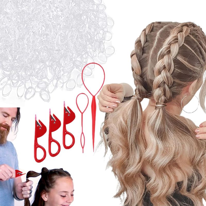 Photo 1 of Vrose Flosi Hair Tie Cutter For Kids - 2 Topsy Tail Hair Tool & 3 Red Pony Pick & 500 Clear Hair Elastics - No Damage Easy Grip Removal Pattern Hair Products Cute Hair Stylist Gifts For Women & Girls
