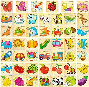 Photo 1 of Junkin 48 Pcs Wooden Jigsaw Puzzles for Toddlers 1-3, Animal Insect Transportation Fruit Vegetables Serie Jigsaw Puzzles Wood Toddler Puzzles Educational Learning Supplies Birthday Gift for Boy Girl
