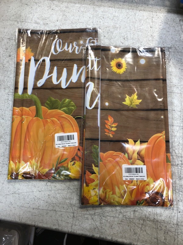 Photo 2 of ( PACK OF 2 ) 3Pcs Pumpkin Rustic Wood Baby Shower Tablecloths,Plastic Our Little Pumpkin Boy Girl is on The Way Baby is Brewing Theme Table Cover Runner for Thanksgiving Baby Shower Party Supplies,54×108 inches Pumpkin Baby Shower 3 Pack