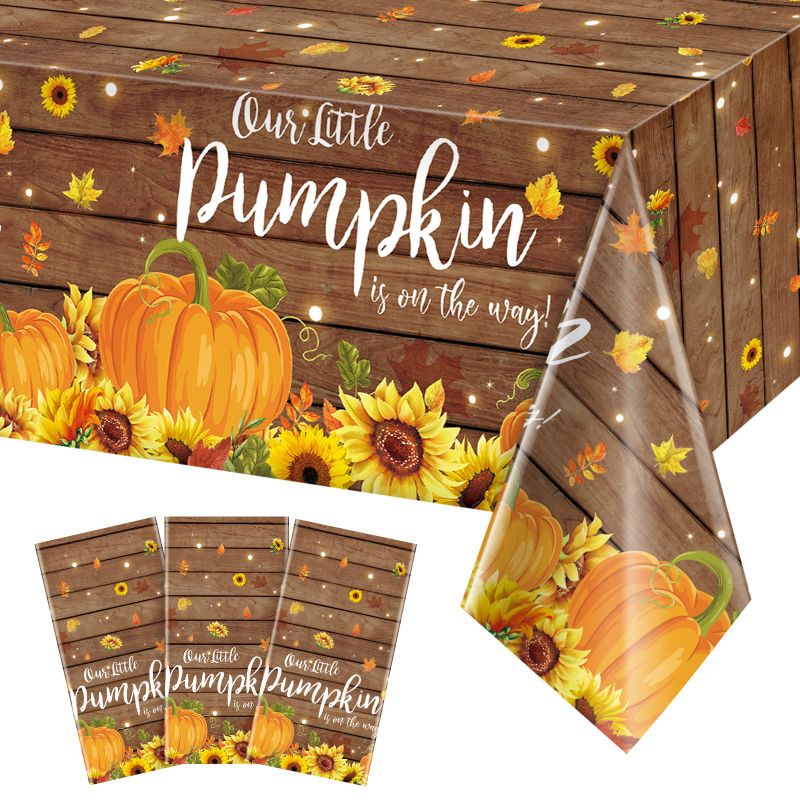Photo 1 of ( PACK OF 2 ) 3Pcs Pumpkin Rustic Wood Baby Shower Tablecloths,Plastic Our Little Pumpkin Boy Girl is on The Way Baby is Brewing Theme Table Cover Runner for Thanksgiving Baby Shower Party Supplies,54×108 inches Pumpkin Baby Shower 3 Pack