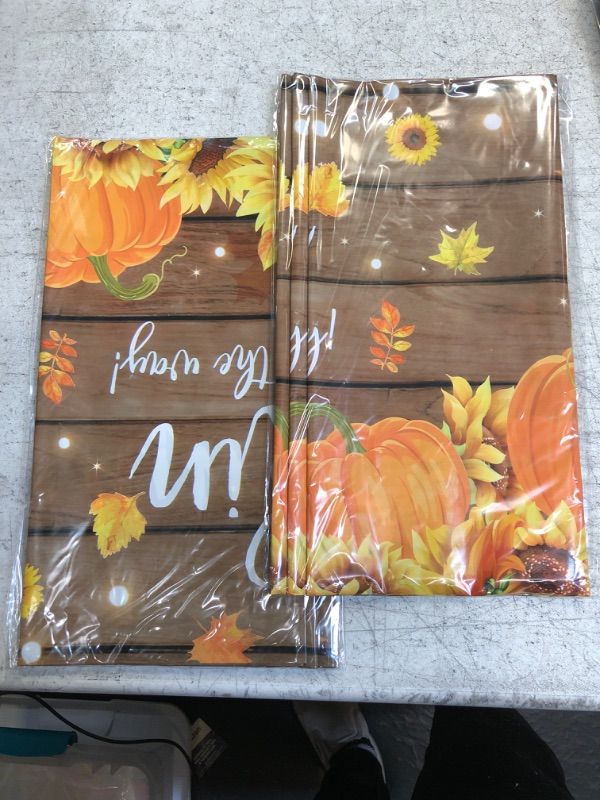 Photo 2 of ( PACK OF 2 ) 3Pcs Pumpkin Rustic Wood Baby Shower Tablecloths,Plastic Our Little Pumpkin Boy Girl is on The Way Baby is Brewing Theme Table Cover Runner for Thanksgiving Baby Shower Party Supplies,54×108 inches Pumpkin Baby Shower 3 Pack