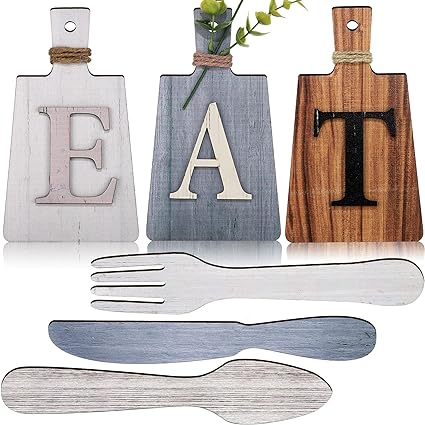 Photo 1 of 6 Pieces 7.5 x 4.3 inch Eat Sign Kitchen Decorations Cutting Board Fork Spoon and Knife Wood Wall Decor Rustic Farmhouse Kitchen Wall Art (Vintage Color)
