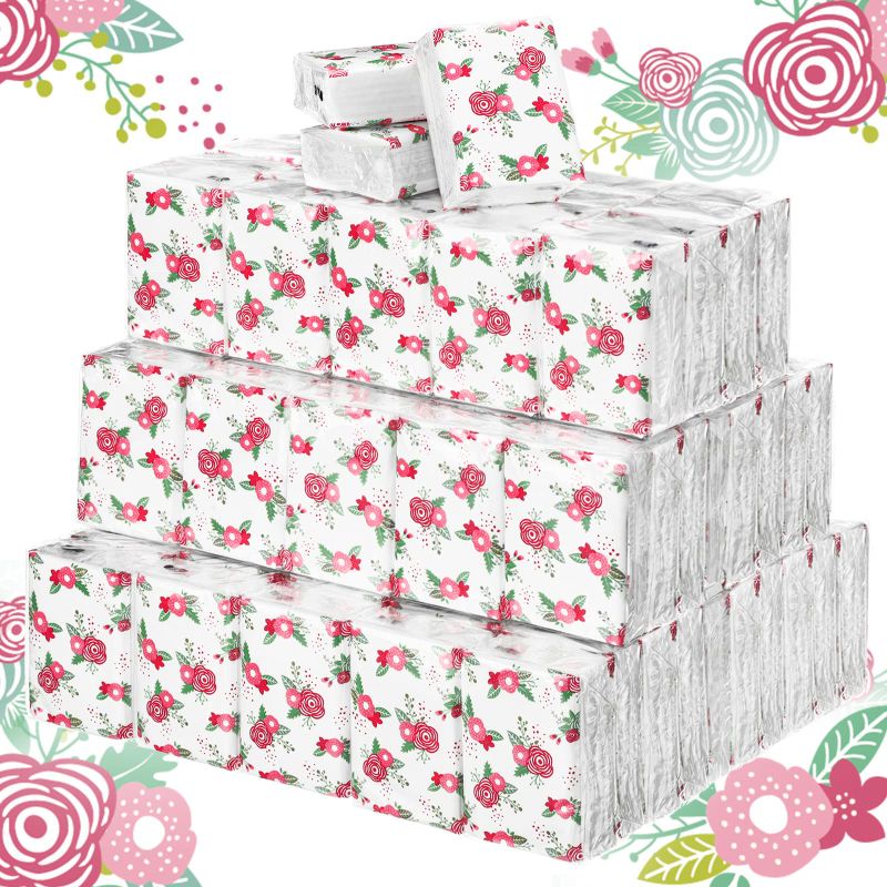 Photo 1 of 100 Pack 1000 Pcs Travel Size Tissues Bulk 3 Ply PInk Red Floral Small Mini Tissues Pack Individual Facial Tissues Pocket Tissue Packs for Wedding Graduation Housewarming Ceremony Graduation