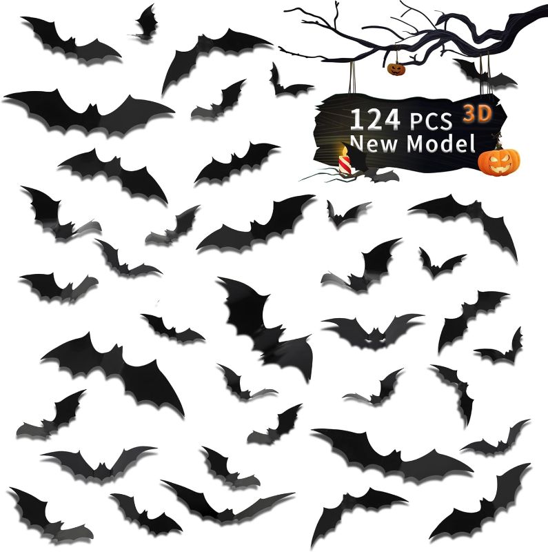 Photo 1 of 124 Pcs Halloween 3D Bat Decorations, 4 Different Sizes Bats Wall Decor, Realistic PVC Scary Black Bat Sticker for Home Decor, DIY Halloween Decoration Home Interior Window Decoration Set
