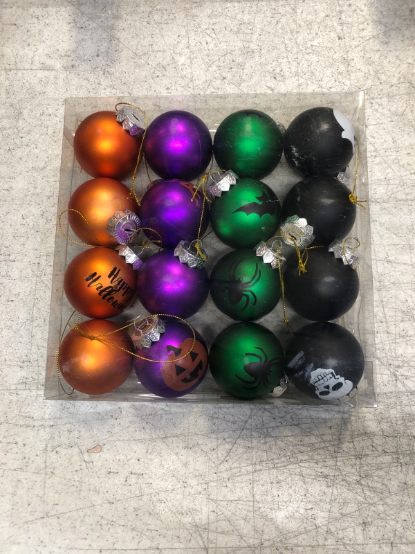 Photo 2 of 16Pcs Halloween Balls Ornaments for Home Tree- Halloween Indoor Decorations- 2.36" Gold Green Purple Black Ghost Baubles Hanging Ornaments for Halloween Festive Party Home Haunted House Hanging Decor