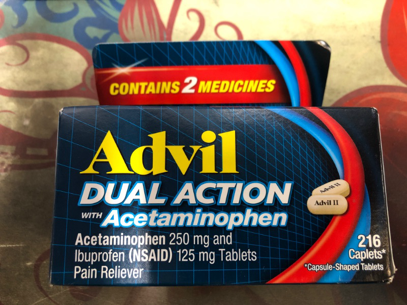 Photo 2 of Advil Dual Action Coated Caplets with Acetaminophen, 250 Mg Ibuprofen and 500 Mg Acetaminophen Per Dose (2 Dose Equivalent) for 8 Hour Pain Relief - 216 Count 216 Count (Pack of 1)