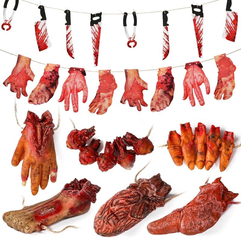 Photo 1 of Halloween Decorations Blood Weapon Garland Banner Props Hanging Scary Fake Severed Hand Broken Body Parts for Haunted House Halloween Vampire Zombie Party Supplies (6pcs Body Parts)
