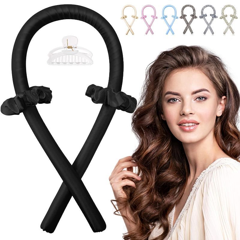 Photo 1 of Heatless Curling Rod Headband, IENIN No Heat Hair Curlers to Sleep in Curl Ribbon with Scrunchies Hair Clips Overnight Hair Curlers for Women Long Hair Styling Tools(Black) 1- Black