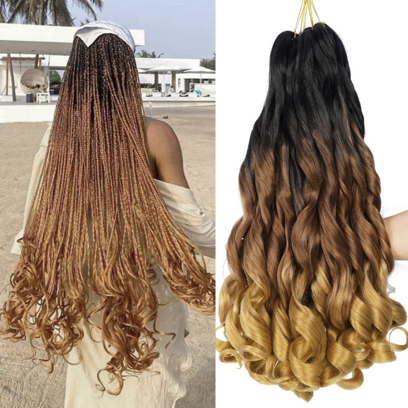 Photo 1 of French Curl Ombre Braiding Hair Pre Stretched 24 inch 6 Packs Loose Wave Bouncy Braiding Hair With Curly Ends 100g/pack French Curl Braids Yaki Curly Braiding Hair for Black Women Hair Extensions(24 inch(pack of 6),1B/30/27)
