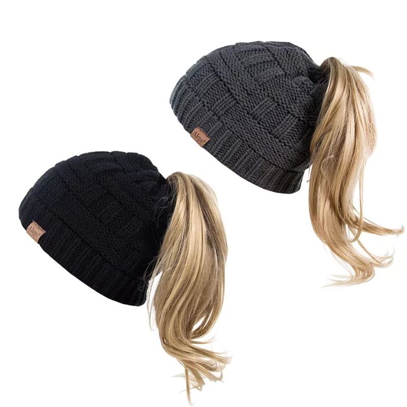 Photo 1 of Alepo Womens High Messy Bun Beanie Hat with Ponytail Hole, Winter Warm Trendy Knit Ski Skull Cap Black&dark Gray 2