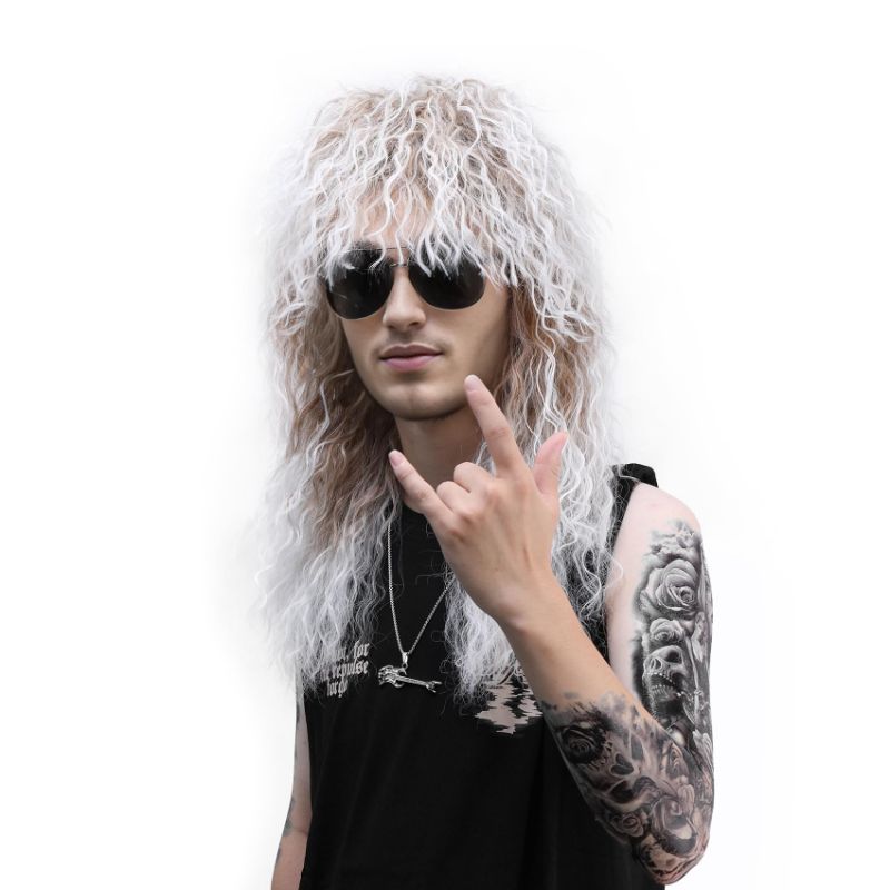 Photo 1 of MUPUL Men and Women Long Curly Brown Gradient White Wig 70s 80s Rocker Mullet Party Funny Wig Costume Wig Brown Ombre White