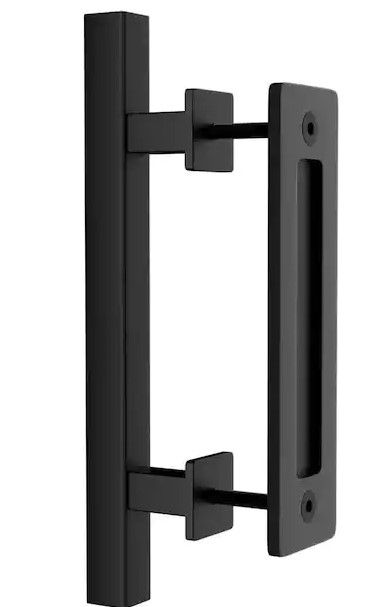 Photo 1 of 12 in. L Black Powder Coated Finish Pull and Flush Barn Door Handle Set, Large Rustic Two-Side Design
