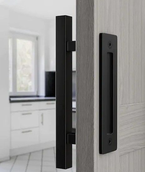 Photo 2 of 12 in. L Black Powder Coated Finish Pull and Flush Barn Door Handle Set, Large Rustic Two-Side Design
