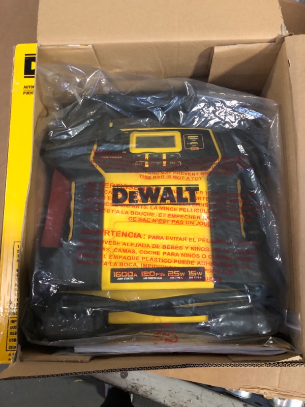 Photo 2 of DEWALT DXAEJ14-Type2 Digital Portable Power Station Jump Starter - 1600 Peak Amps with 120 PSI Compressor, AC Charging Cube, 15W USB-A and 25W USB-C Power for Electronic Devices 1600 Amps