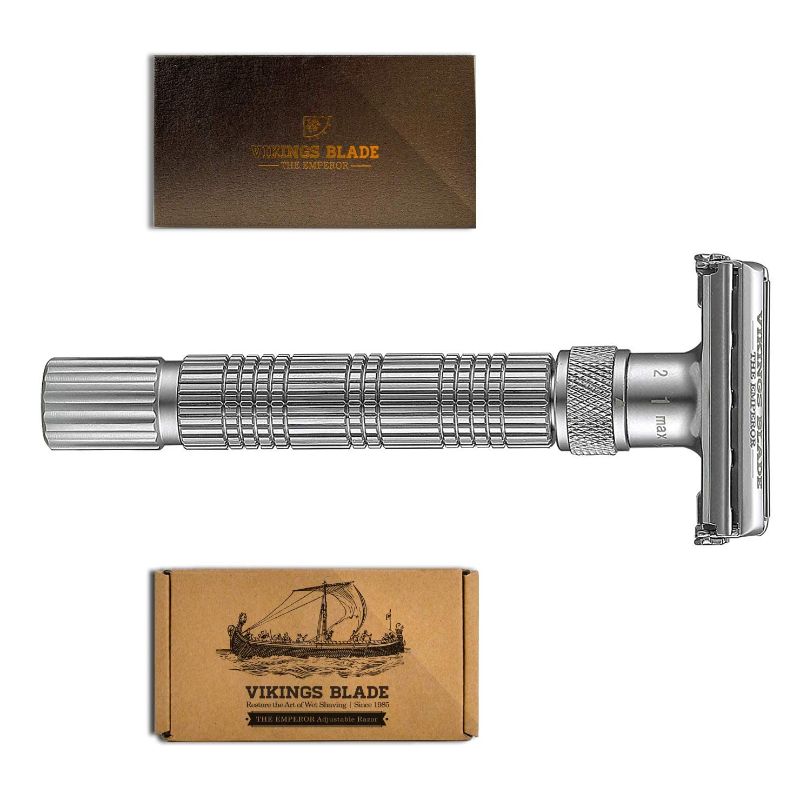 Photo 1 of Adjustable Double Edge Safety Razor, The Emperor by VIKINGS BLADE, Long & Fat Handle, Butterfly Twist-To-Open, Eco Friendly, Luxury Case. Smooth, Close, Clean Shaving Razor (Frosted Chrome)
