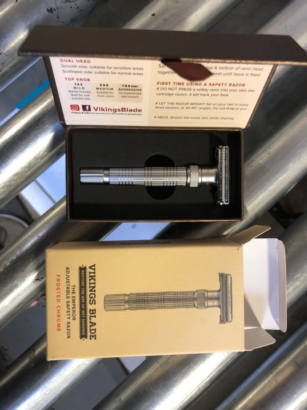 Photo 2 of Adjustable Double Edge Safety Razor, The Emperor by VIKINGS BLADE, Long & Fat Handle, Butterfly Twist-To-Open, Eco Friendly, Luxury Case. Smooth, Close, Clean Shaving Razor (Frosted Chrome)
