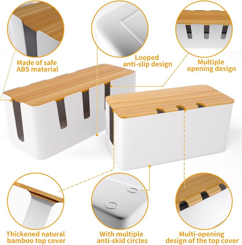 Photo 1 of Cable Management Box-2 Pack Cable Organizer Box with 135PCS Cable Clips Set,Wood Lid,Cord Organizer for Desk,TV Wires,Computer USB Hub System to Cover and Hide & Power Strips & Cords for Home & Office
