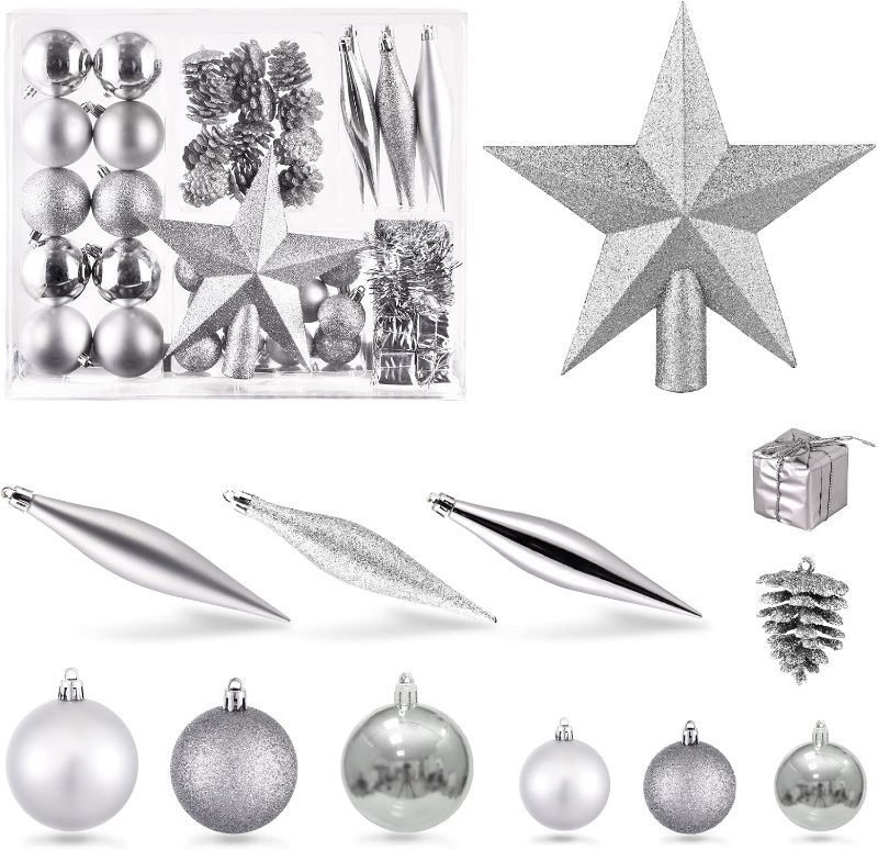 Photo 1 of Christmas Ornaments Set, 50Pcs Shatterproof Christmas Ball Ornaments, Xmas Seasonal Decorative Assorted Baubles Pendants for Christmas Tree Party Holiday Indoor Decor(Silver)
