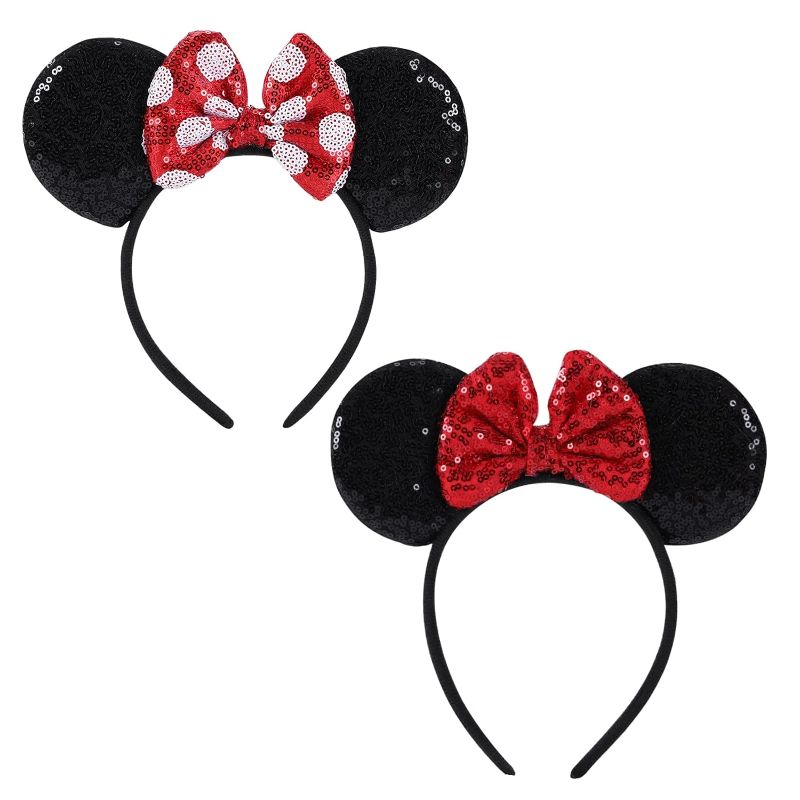 Photo 1 of ZYTJ 2 Pcs Mouse Ears Headbands,Shiny Bows Mouse Ears Headbands for Birthday Parties, Themed Events, A Perfect Addition to Your Trip Essentials and Accessories for Women red
