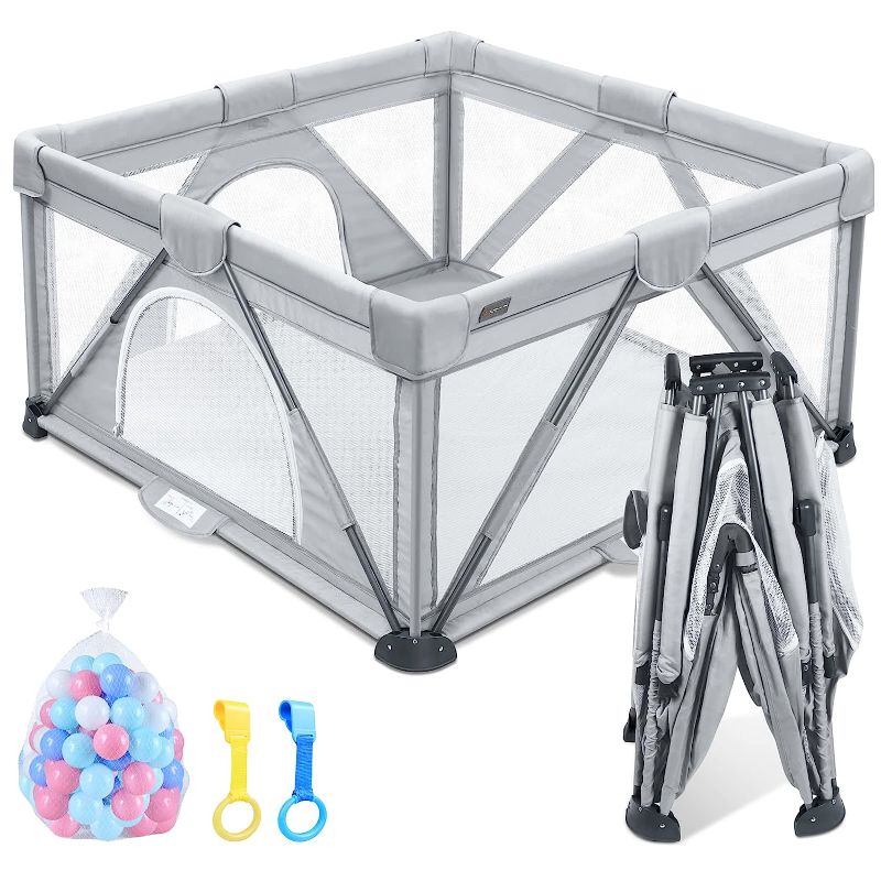 Photo 1 of ANGELBLISS Baby Playpen, Foldable Playpen for Babies and Toddlers, Indoor & Outdoor Baby Activity Center with Visible Breathable Mesh, Portable Play Yard with 2 Handlers+50 Balls-50”×50”?Grey?
