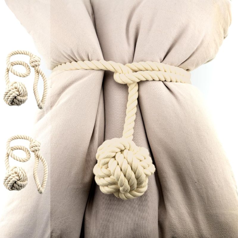 Photo 1 of 2 Pack Curtain Tiebacks Beige Color Cotton Curtain Holdbacks Rope Thick Curtain Ties Knot Ball Cord Drapery Tieback Rural Decorative Curtain Holdbacks for Heavy Duty Curtains Drapes
