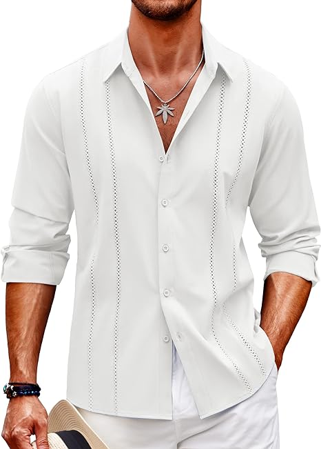 Photo 1 of COOFANDY Mens Cuban Guayabera Shirt Casual Button Down Shirts Long Sleeve Beach Linen Shirts 3XL
