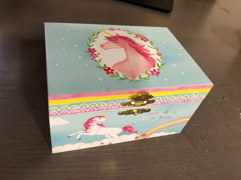 Photo 2 of Jewelkeeper Girl's Musical Jewelry Storage Box with Spinning Unicorn, 6 x 4.65 x 3.5 inches, Rainbow Design, The Beautiful Dreamer Tune