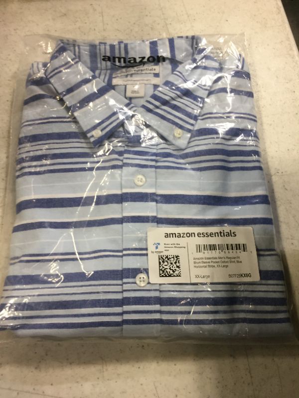 Photo 2 of Amazon Essentials Men's Regular-Fit Short-Sleeve Pocket Oxford Shirt XX-Large Blue Horizontal Stripe