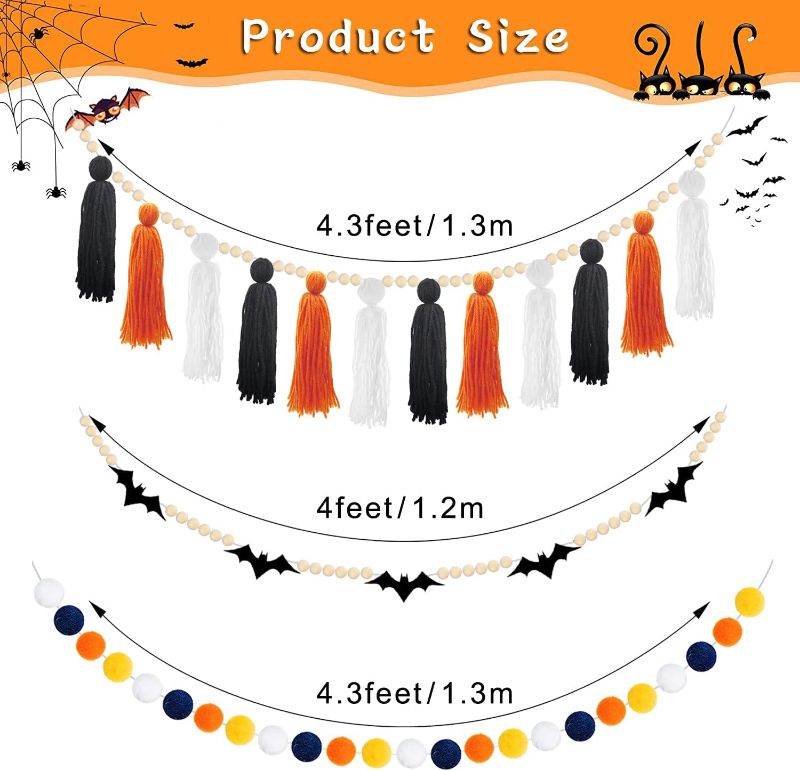 Photo 1 of 1 Piece Halloween Boho Tassel Garland 1 Piece Pom Pom Balls Garland and 1 Piece Wooden Bead Garland with Bat Felt for Halloween Decor Boho Home Party Baby Shower Supplies
